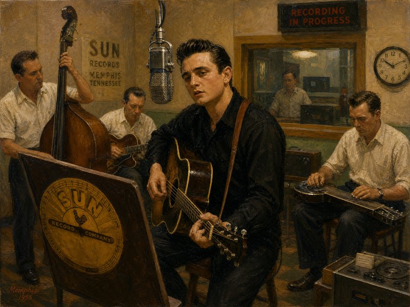 Oil painting of Johnny Cash recording with his band at Sun Records Memphis, 1955