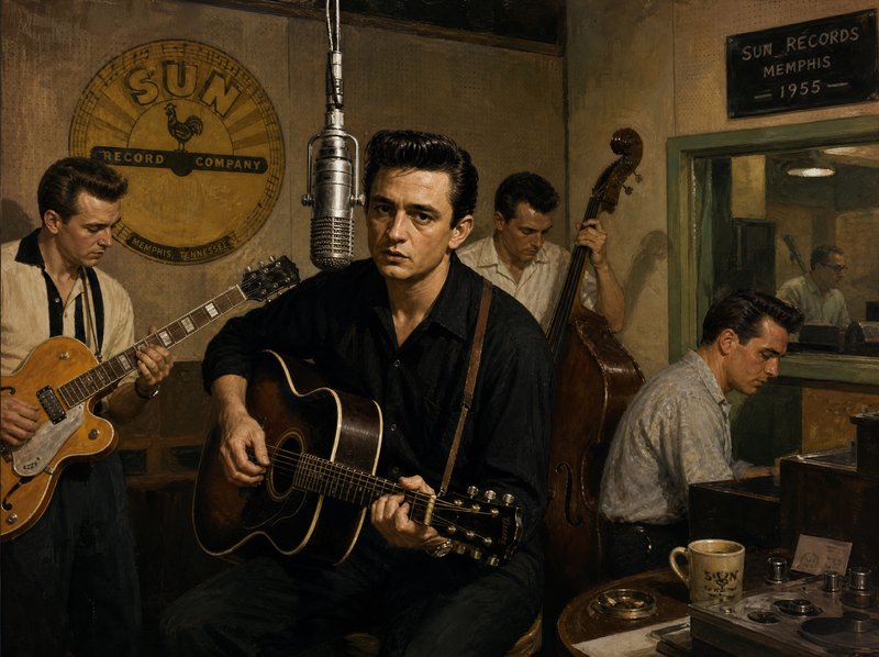 Realistic oil painting of Johnny Cash and his band recording at Sun Records Memphis, 1955, under ...