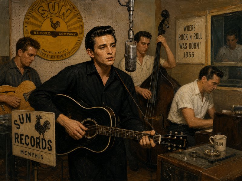 Oil painting of Johnny Cash recording with his band inside the historic Sun Records Memphis studi...