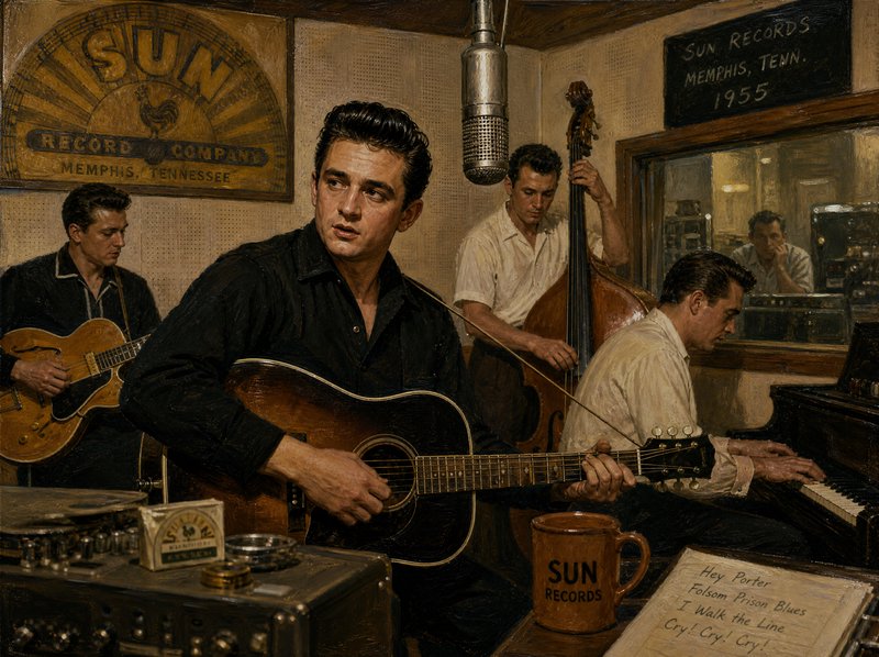 Realistic oil painting of Johnny Cash performing with his band during a 1955 recording session at...