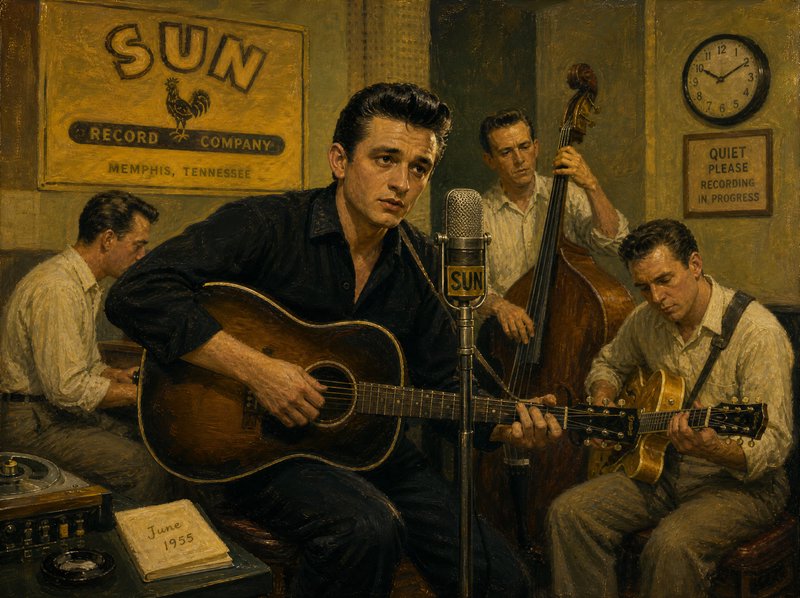 Oil painting of Johnny Cash recording with his band at Sun Record Company Memphis, June 1955