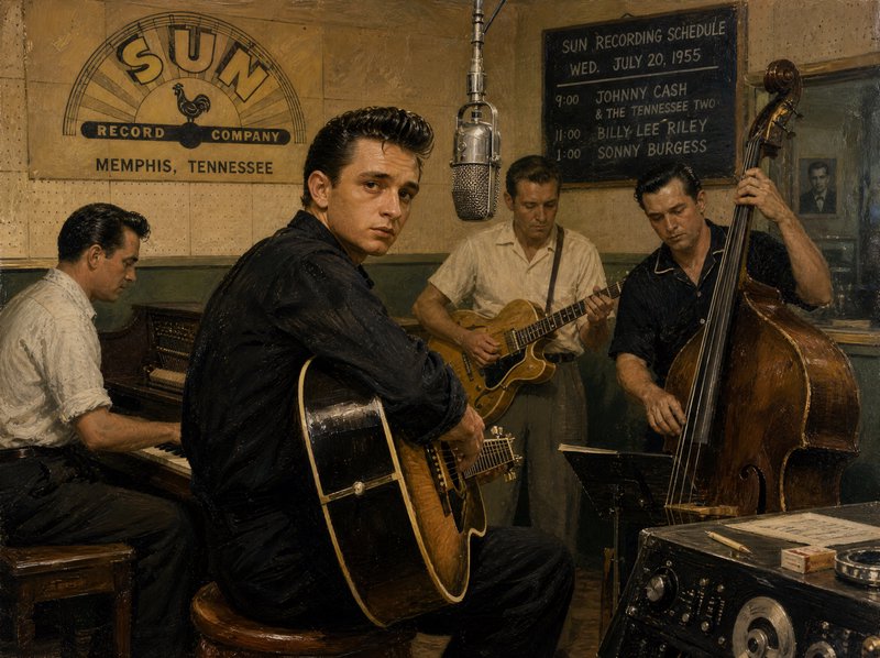 Realistic oil painting of Johnny Cash and his band recording at Sun Record Company's Memphis stud...