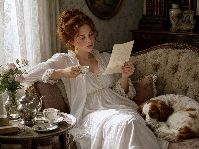 Red-haired Regency woman in a lace gown reads a handwritten letter holding a teacup, with a sleep...