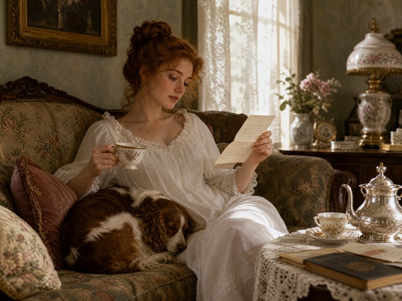 Young red-haired Regency woman reads a handwritten letter holding a teacup, with a sleeping spani...