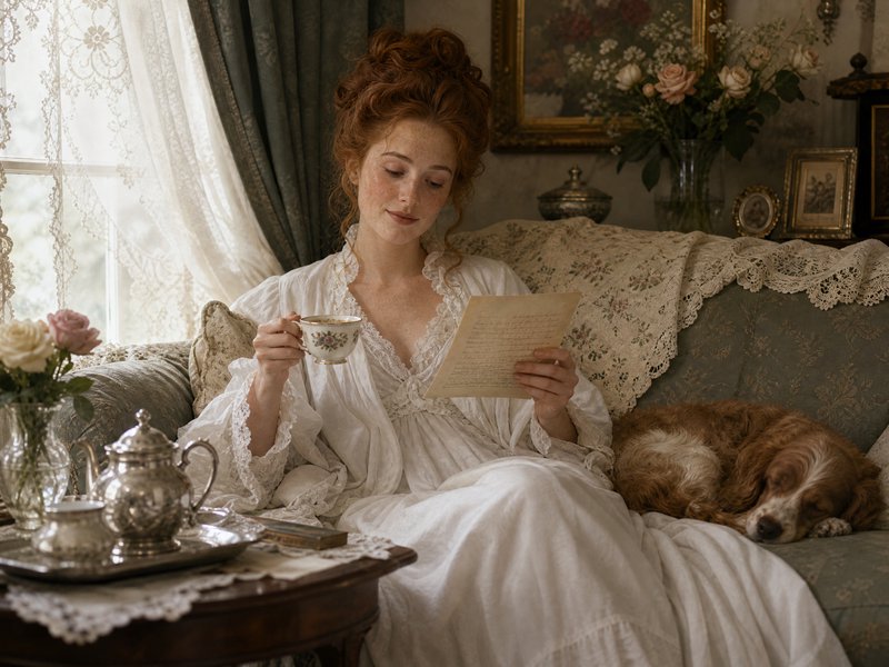 Red-haired Regency era woman reads a letter holding a teacup, with a sleeping spaniel beside her ...