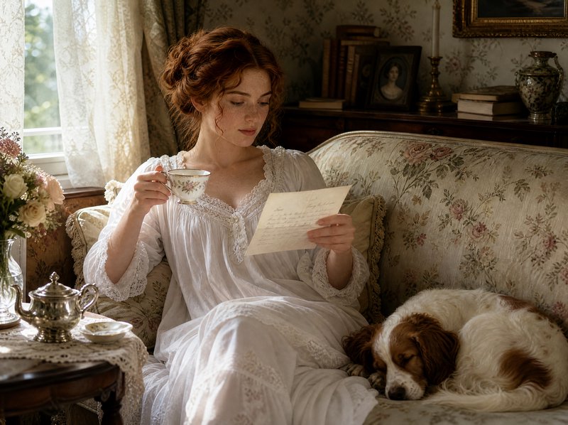 Regency era red-haired woman reads a handwritten letter holding teacup, sleeping spaniel rests be...