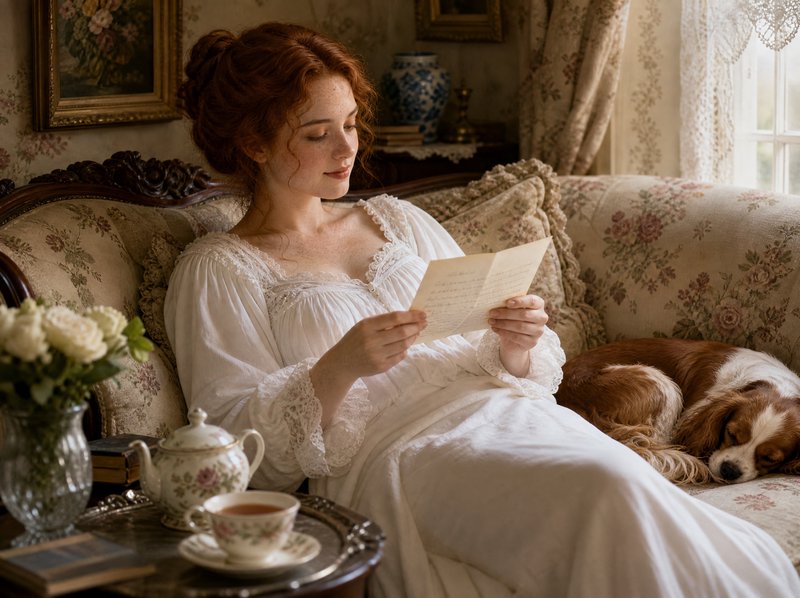 Regency woman in lace white gown reads a handwritten letter on a vintage floral sofa beside a sle...