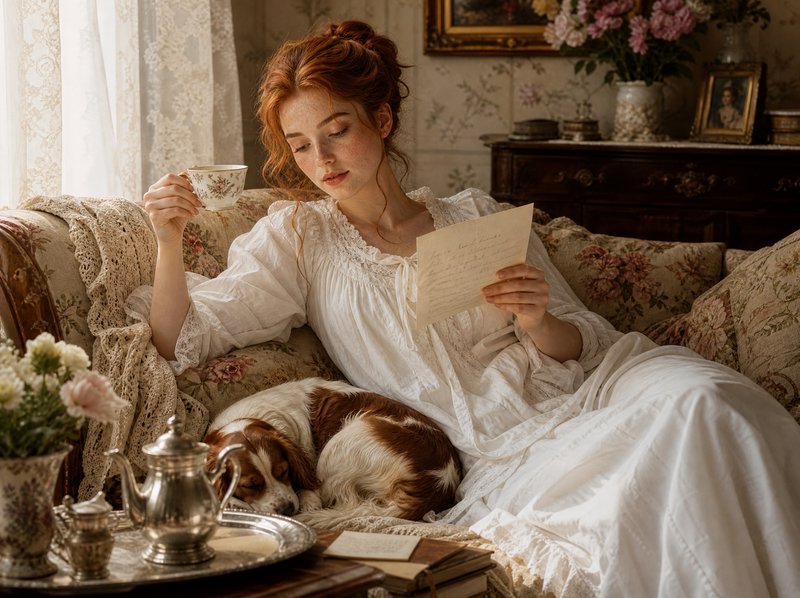 Red-haired woman in vintage lace gown reads a letter, holds teacup, with sleeping spaniel on flor...