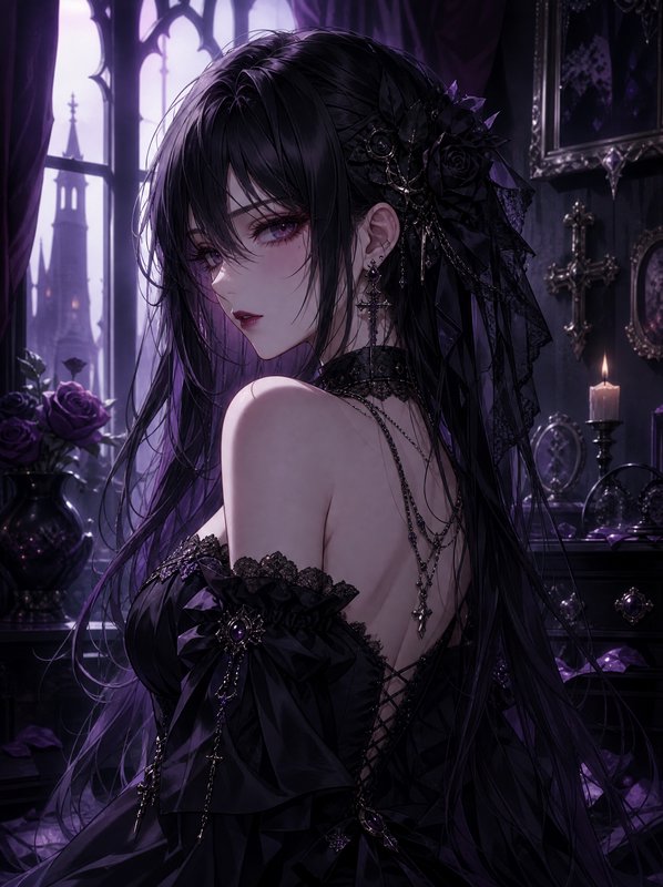 Gothic anime woman in black lace gown looks over her shoulder in a purple-lit gothic bedroom with castle window view