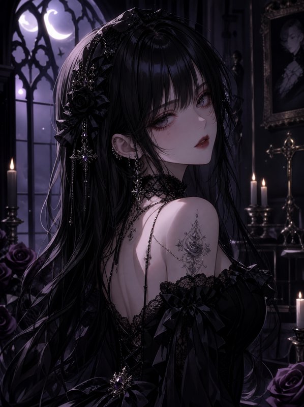 Gothic anime girl in black lace gown glances over her shoulder, in a moonlit candlelit gothic manor room with dark