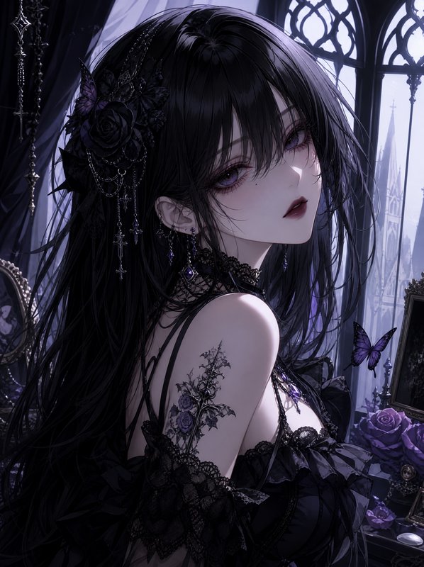 Gothic anime young woman with long black hair, purple eyes, and dark rose hair accessories looks over her shoulder by a