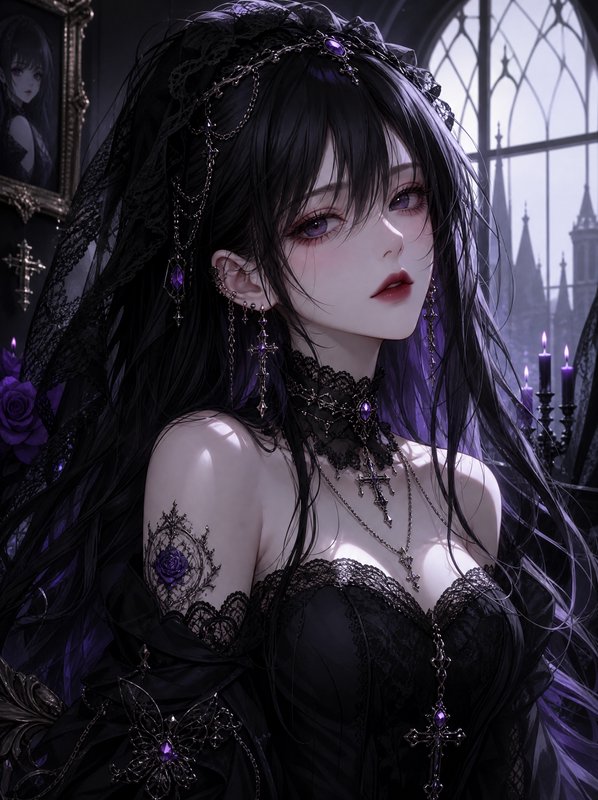 Gothic anime woman with black hair, purple gem jewelry, black lace gown, posed in a dark castle chamber with arched windows.