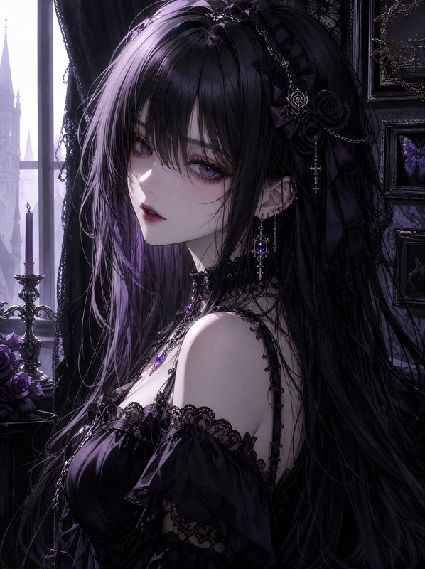 Close-up portrait of gothic anime girl with long dark purple hair, lace accessories, and violet eyes in a dim Victorian