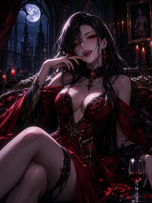Seductive anime female vampire in ornate red gown, seated in a gothic castle room on a moonlit night
