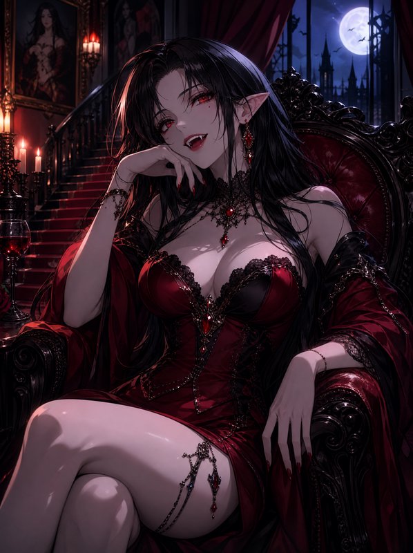 Anime female vampire with red eyes and fangs lounges in an ornate red armchair in a moonlit gothic castle interior.