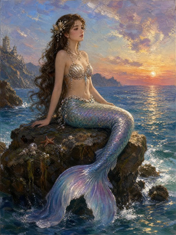 Impressionist oil painting of a pearl-adorned mermaid sitting on an ocean rock overlooking the sea at golden sunset