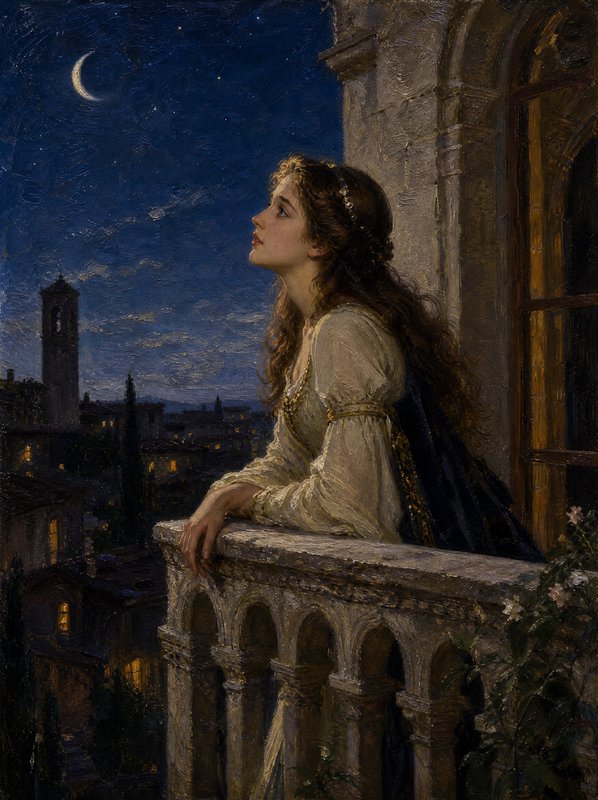 Young woman leaning on a carved stone balcony gazing up at a crescent moon over a historic night town