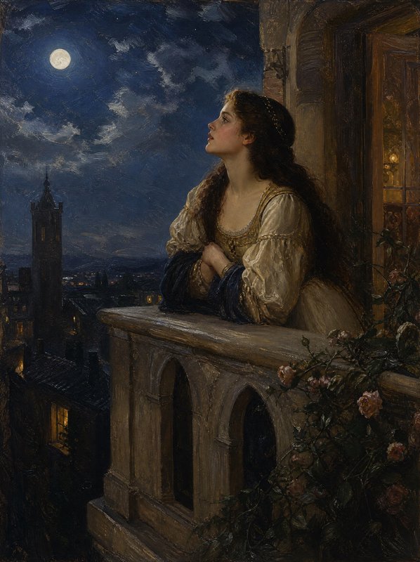 Young woman in period gown leans on a stone balcony gazing up at a full moon over a historic night city