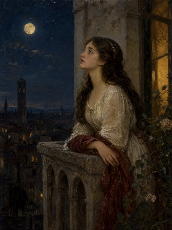 Wistful young woman leaning on a stone balcony gazing at a full moon over a night city