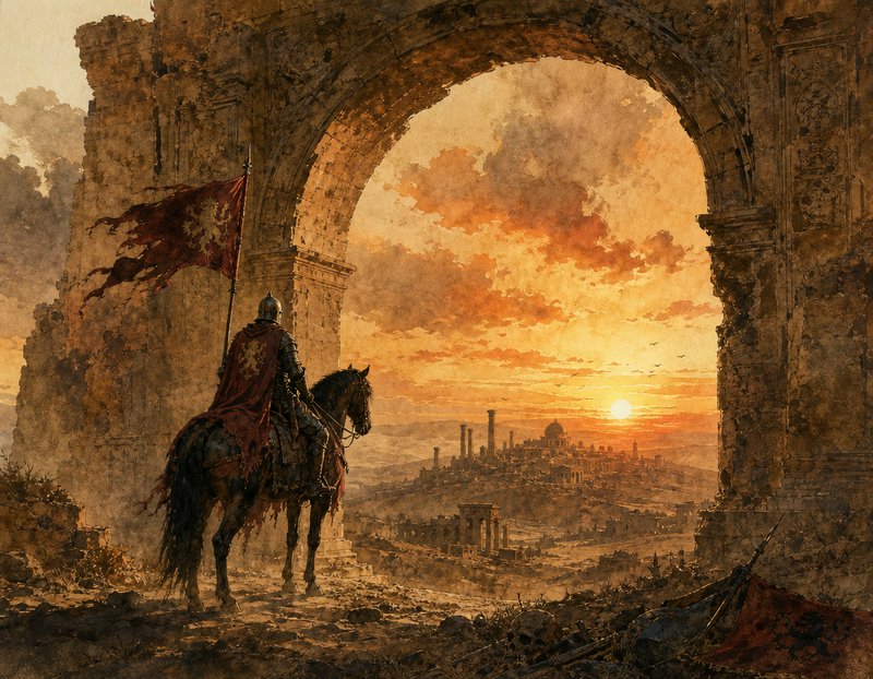 Armored knight on horseback with a tattered banner overlooks a ruined ancient city through a stone arch at sunset