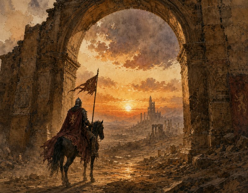 Armored knight on horseback holds a tattered flag while gazing out over ancient ruins through a crumbling stone arch at