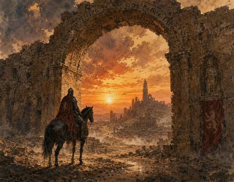 Armored knight on horseback stands under a crumbling stone arch overlooking a ruined city at golden sunset