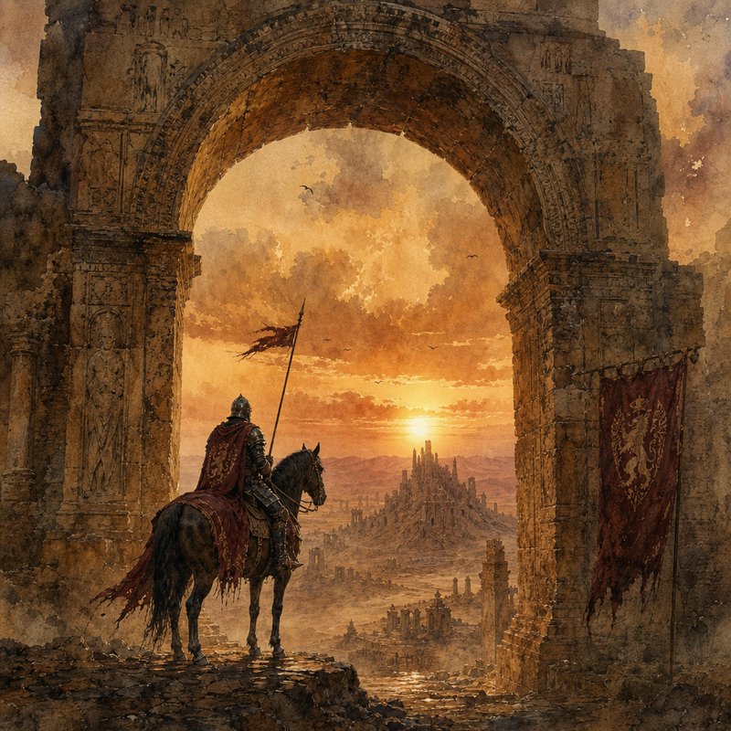 Armored knight on horseback stands under a weathered stone arch overlooking a ruined city at golden sunset