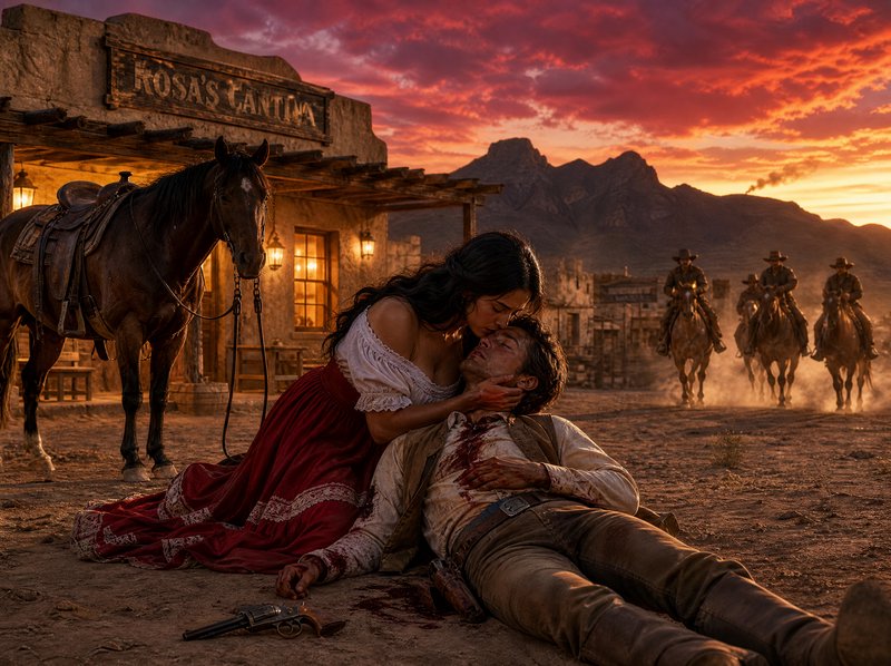Grieving woman holds wounded cowboy outside a desert cantina as outlaws ride toward them at fiery sunset