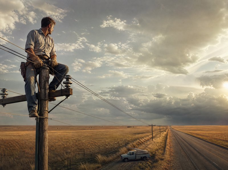 Lineman perched on a wooden utility pole looking out over a prairie highway at golden sunset