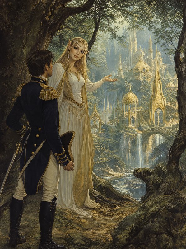 Elven queen gestures to show a naval officer a glowing spired elven city hidden in an ancient forest