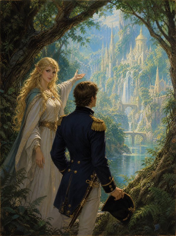 Blonde elf woman gestures to a naval officer overlooking a fantastical elven castle in a forested valley