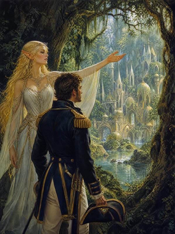 Blonde elven queen gestures toward a glowing elven castle as a naval officer looks on from an ancient forest