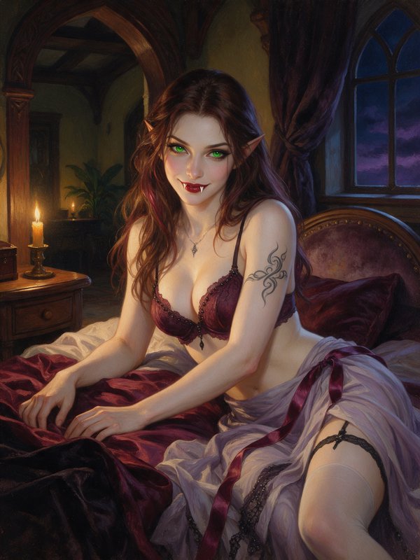 Alluring elf vampire with glowing green eyes sits on a plush bed in a candlelit gothic bedroom