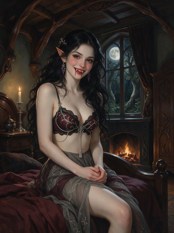 Smiling elf vampire with fangs sits on an ornate wooden bed in a moonlit cottage bedroom