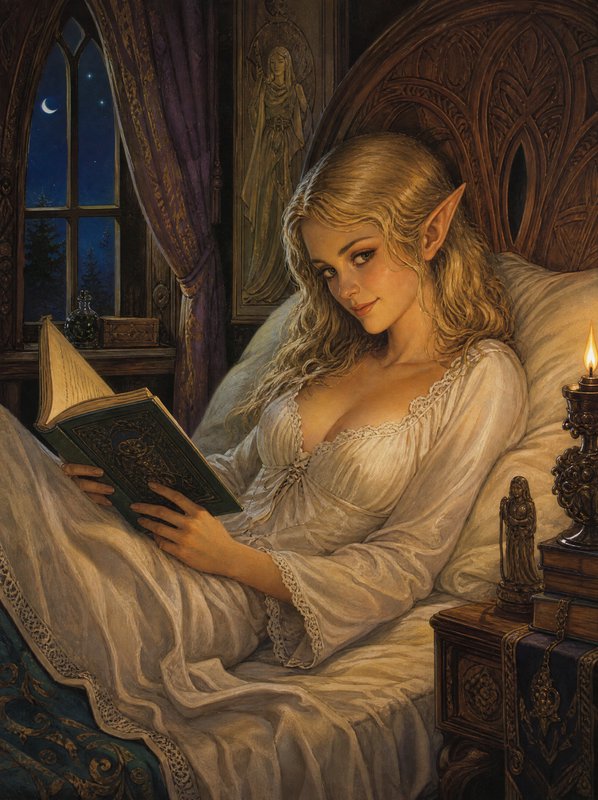 Blonde high elf reclines in an ornate carved bed reading a book on a quiet moonlit night