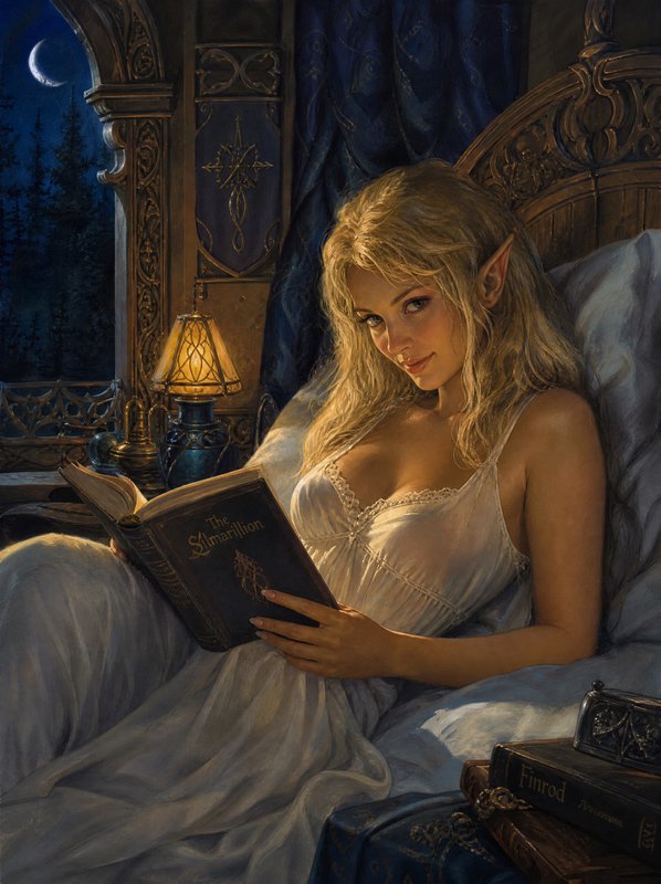Blonde elven woman reclining in bed reading The Silmarillion by soft lamplight at night