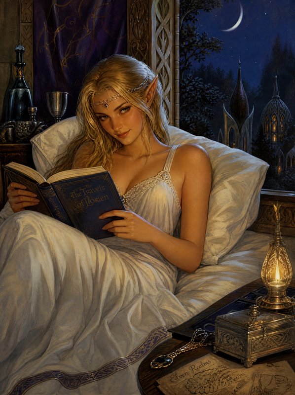 Blonde elven woman reclines in bed holding an open book, with a moonlit elven city visible outside her window