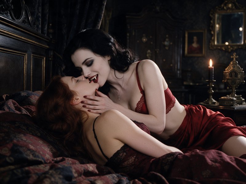 Raven-haired vampire with sharp fangs leans in to bite a reclining red-haired woman on an ornate gothic bed