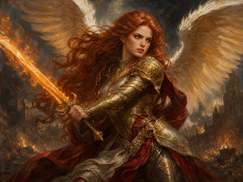 Armored female archangel with long red hair wields a flaming sword above a burning battlefield