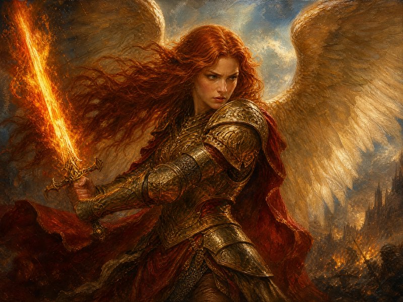 Winged female archangel warrior with long red hair wielding a blazing flaming sword above a battlefield