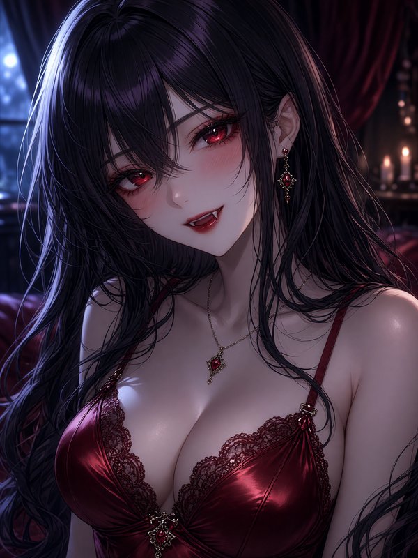 Closeup portrait of an anime female vampire with long dark hair, glowing red eyes, and subtle fangs