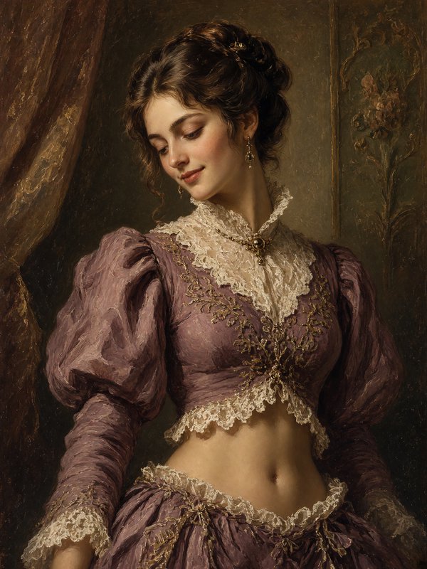 Classical oil portrait of a soft smiling young woman in a lace-trimmed mauve historical gown looking downward