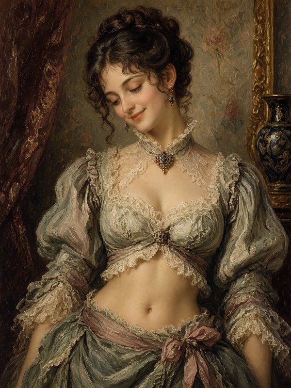 Classical oil portrait of a soft smiling Regency-era woman in lace trimmed attire gazing downward