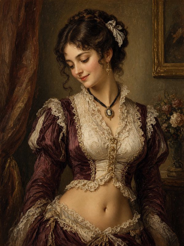 Oil portrait of a young regency-era woman in lace trimmed dress gazing down with a soft smile