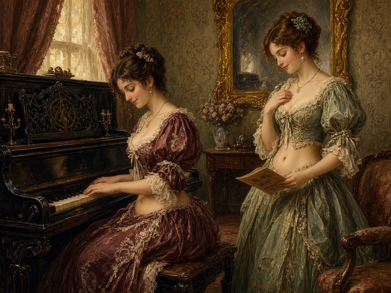 Two elegant 19th century women, one playing an ornate piano, the other holding sheet music in a gilded vintage parlor