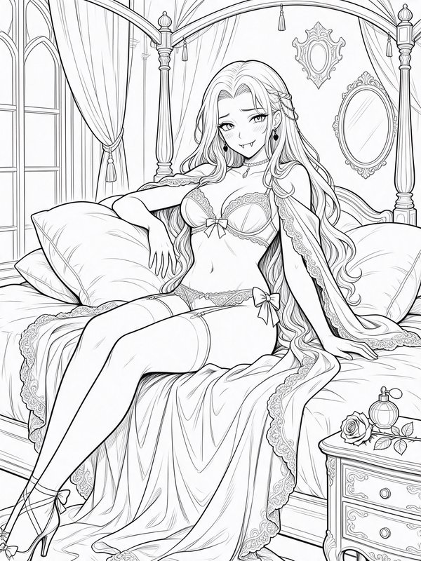 Elegant anime vampire woman reclining on an ornate canopy bed, monochrome line art coloring page