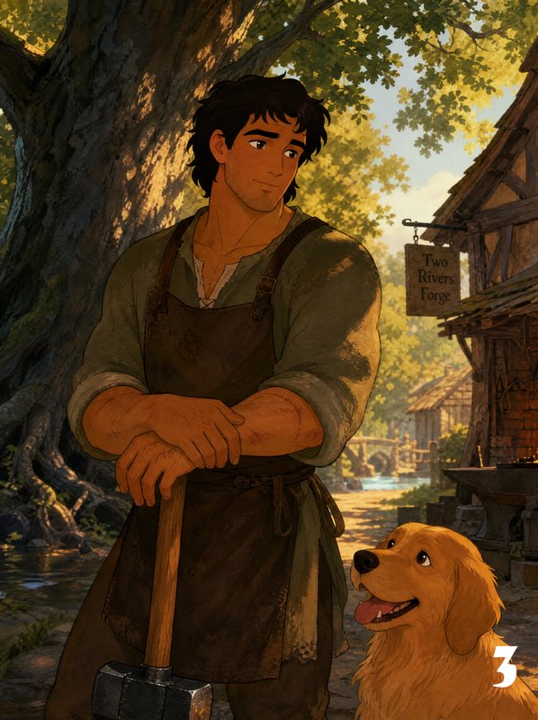 Village blacksmith leans on a sledgehammer beside his happy golden retriever outside a sunlit countryside forge.