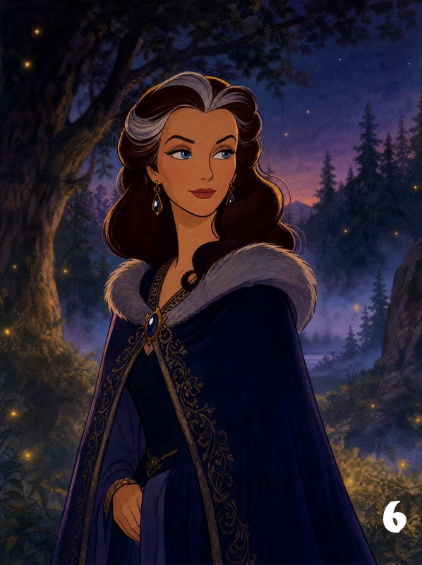 Regal fantasy noblewoman in a fur-lined cloak standing in a twilight enchanted forest