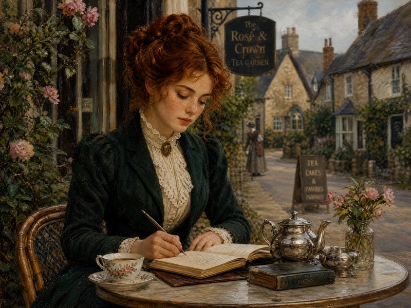 Young Victorian woman with curly red hair writing in a journal at an outdoor village tea garden table