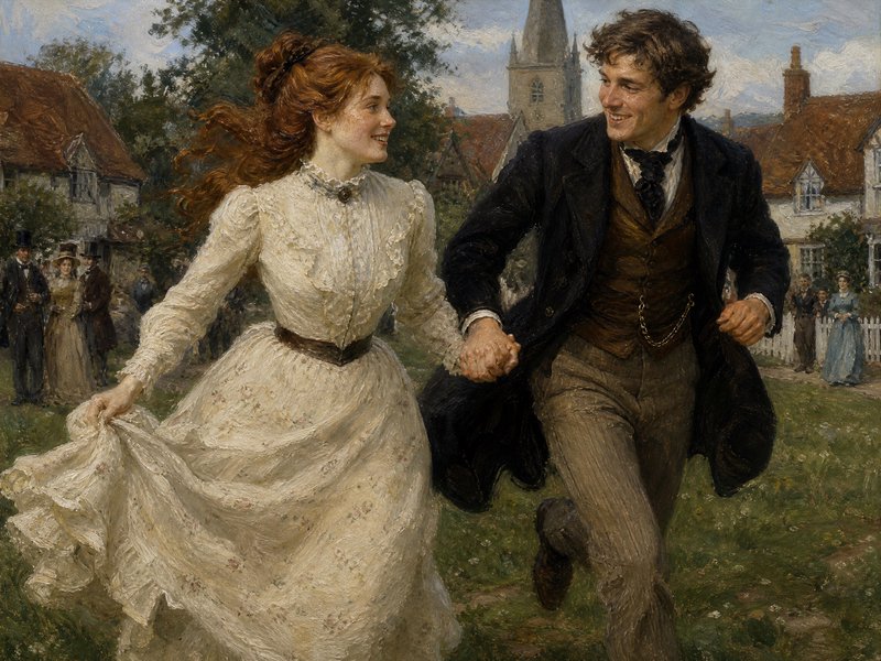 Smiling Victorian couple holding hands while running across a sunny village green